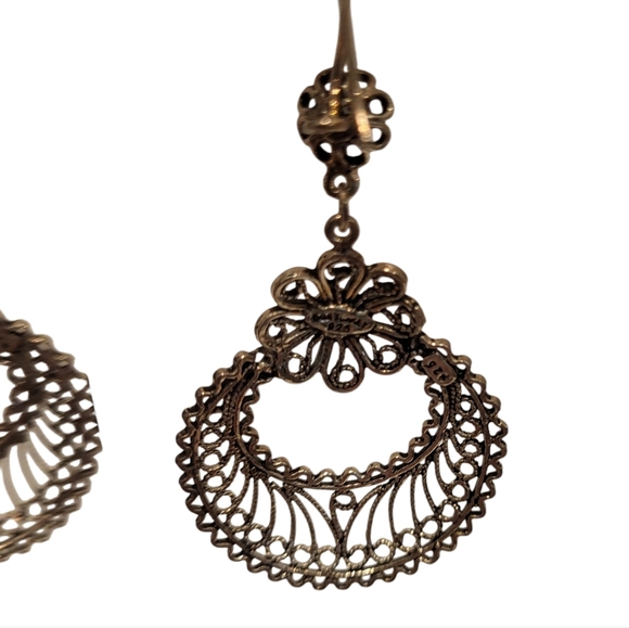 DGS Stamped Turkey Sterling Silver 925 Filigree Work Dangle Pierced Earrings - Picture 2 of 5